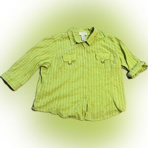 💥Sag Harbor Woman Lime Green Metallic 3/4 Rollup Sleeve Button Front Shirt 2X